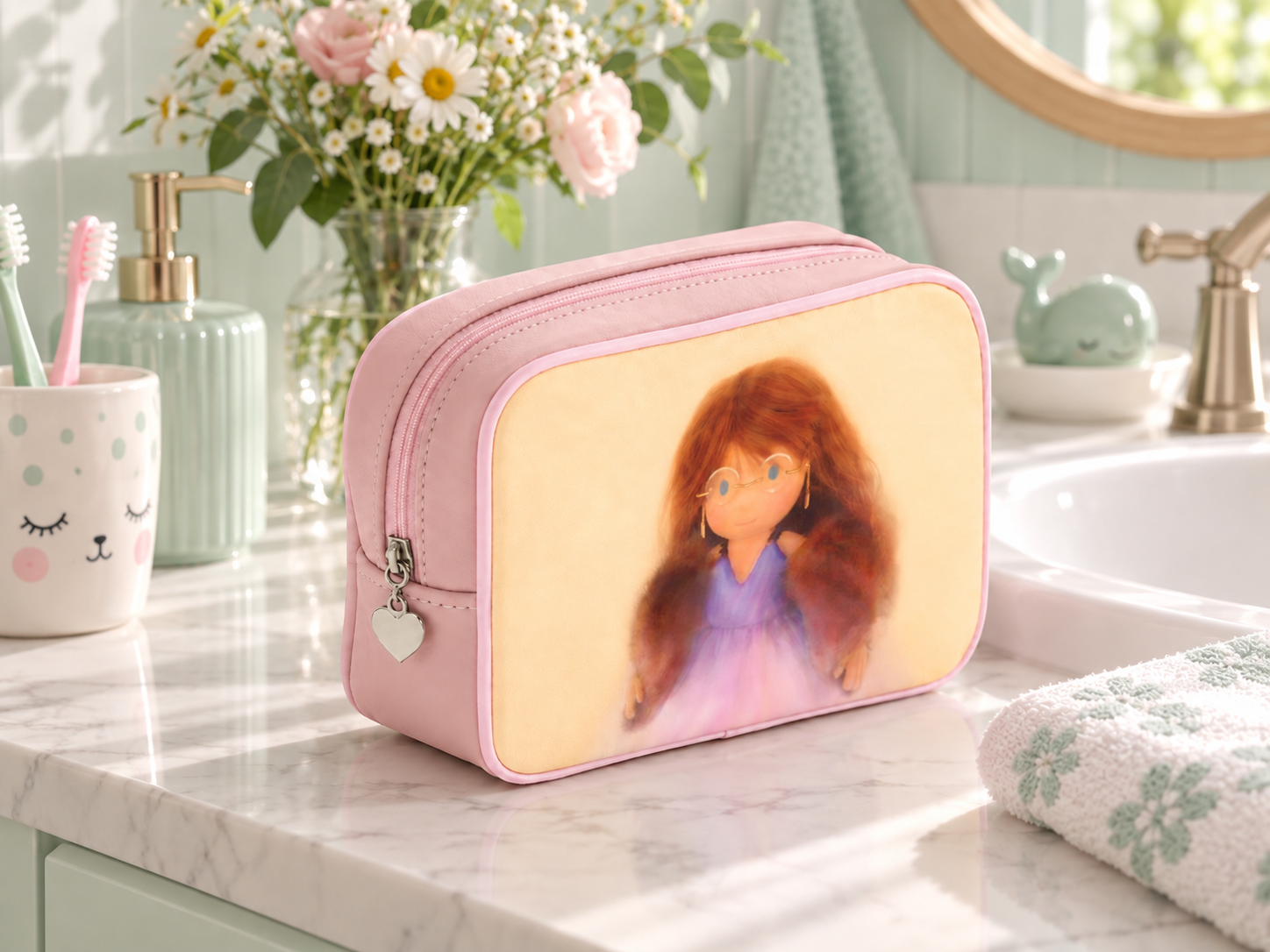 Sara Kids’ Leather Toiletry Bag - Pink - Image 6